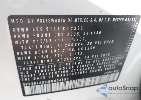 2021 Volkswagen Tiguan 2.0T Se/2.0T Se R-Line Black/2.0T Sel из США, поврежденный, VIN 3VV3B7AX5MM004593